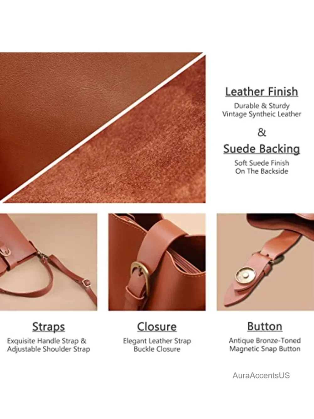Vegan Leather Bucket Bag Hobo Retro Faux Casual Shoulder Handbag